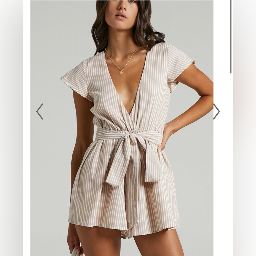 Showpo Top It Off Beige Stripe Romper Size 6 Deep V Neck Tie Waist Lined
